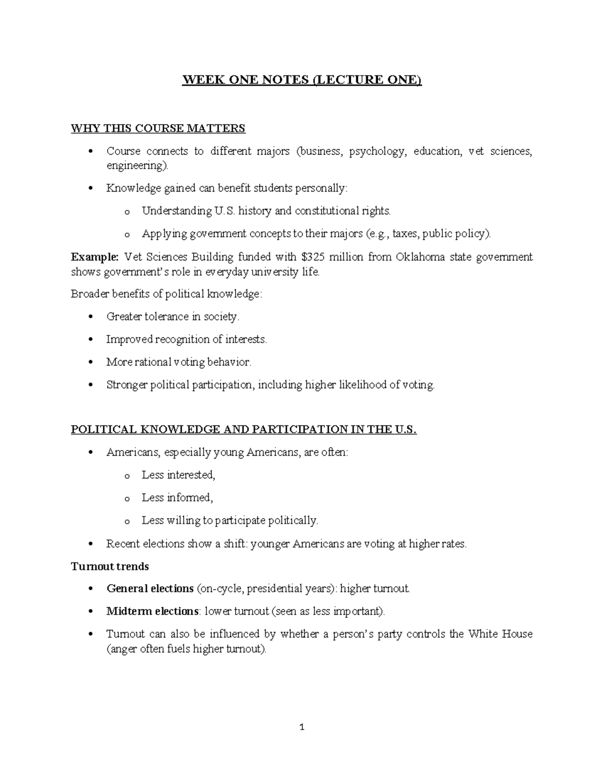 Poli 101 Week One Lecture Notes On U S Political Participation