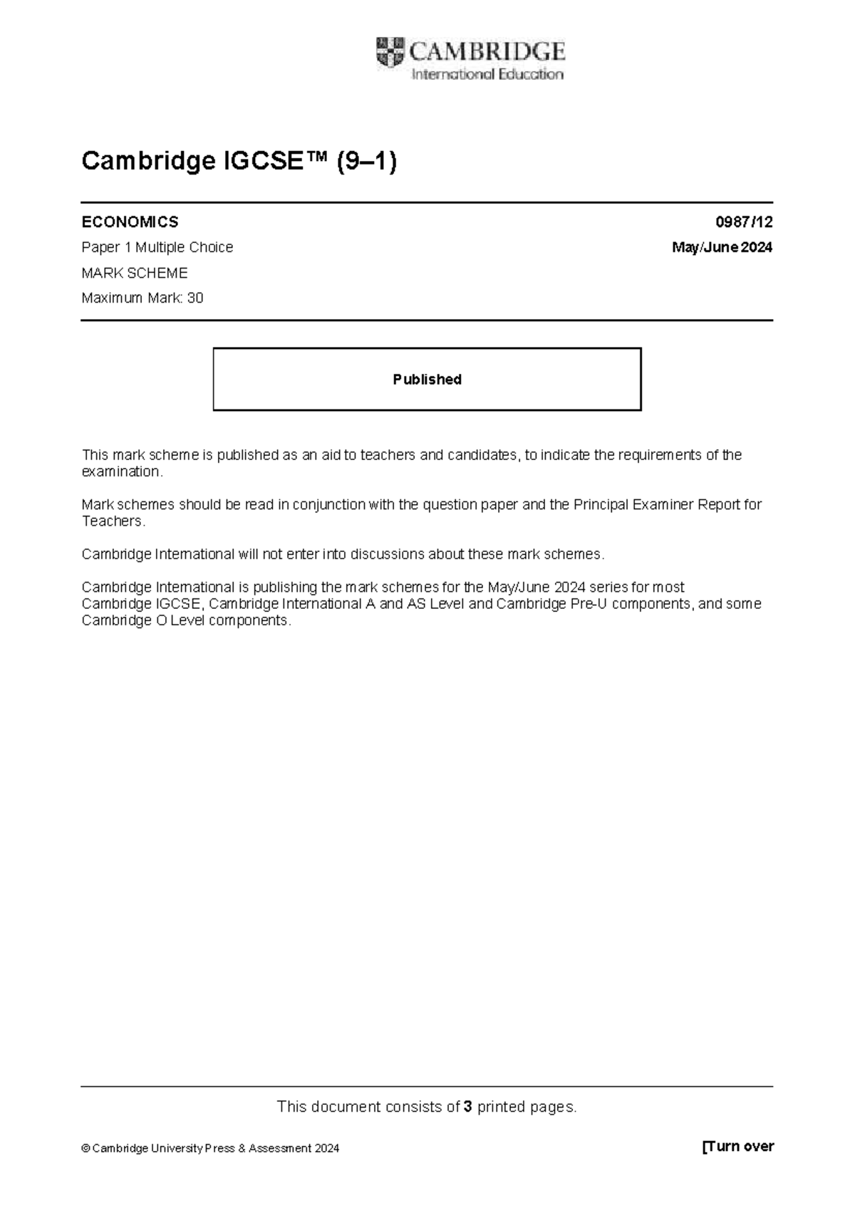 Cambridge IGCSE ECONOMICS Paper 1 MCQ Mark Scheme 2024 - Studocu