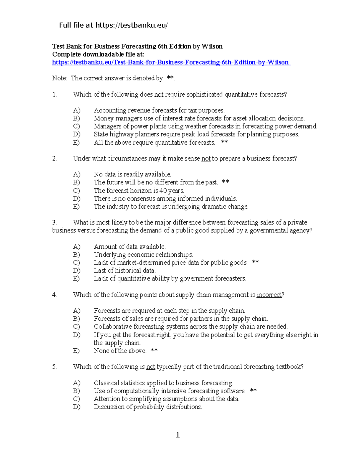 Test Bank for Business Forecasting 6th Ed: Key Concepts & Questions ...