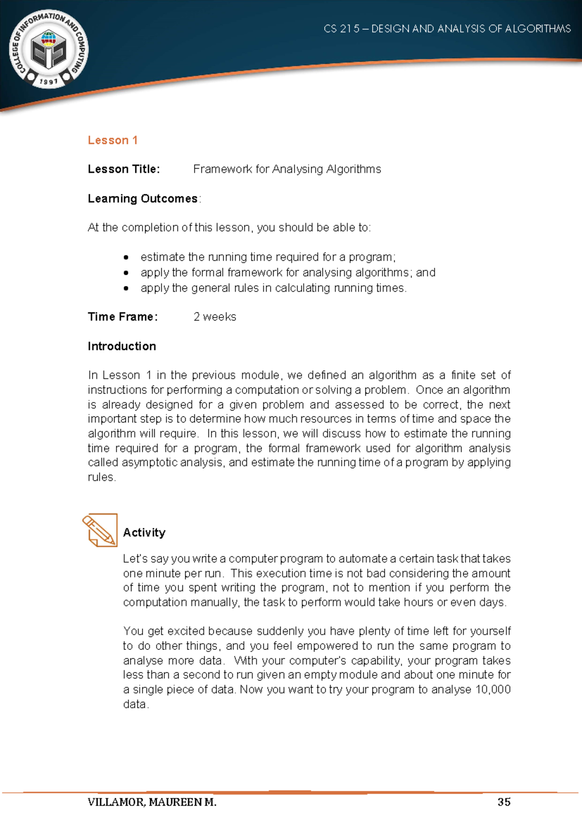 Framework for Analyzing Algorithms - Module 2 Lesson 1 - Studocu
