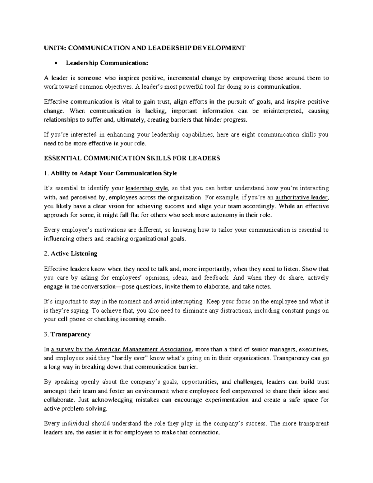 TC UNIT-4 Communication & Leadership Development Notes - Studocu