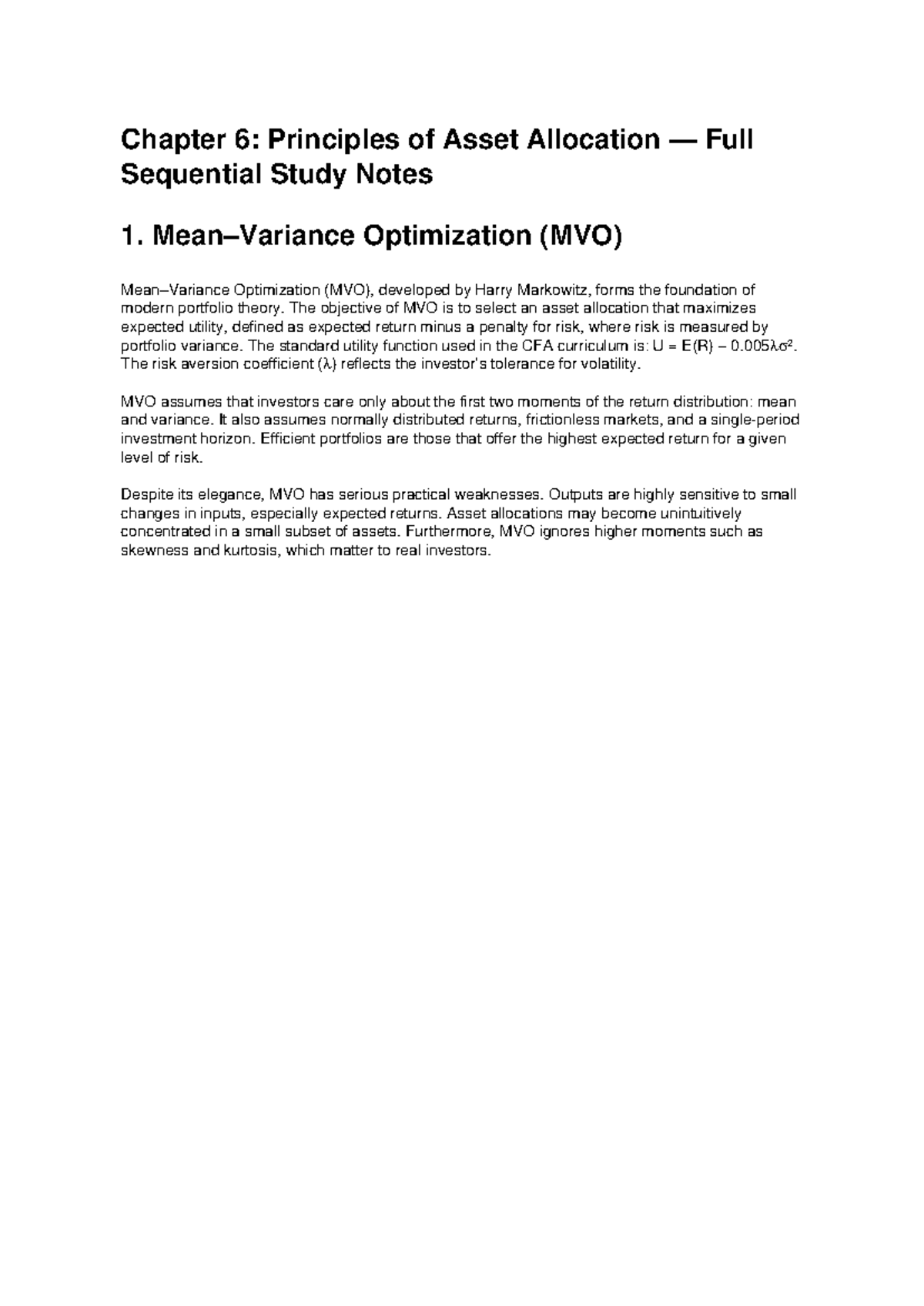 Chapter 6: Principles of Asset Allocation - Study Notes (Part 3) - Studocu