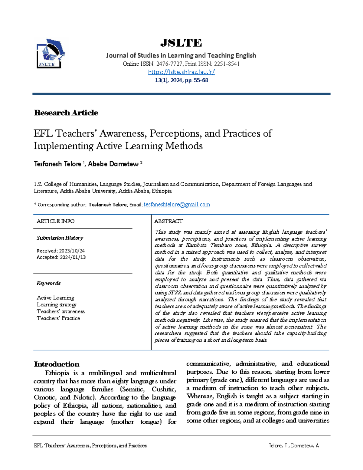 EFL Teachers' Awareness, Perceptions, and Practices of Active Learning ...