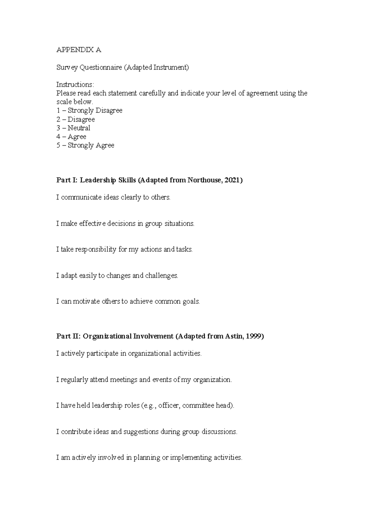 Appendix A: Sample Questionnaire for Leadership Skills & Org ...