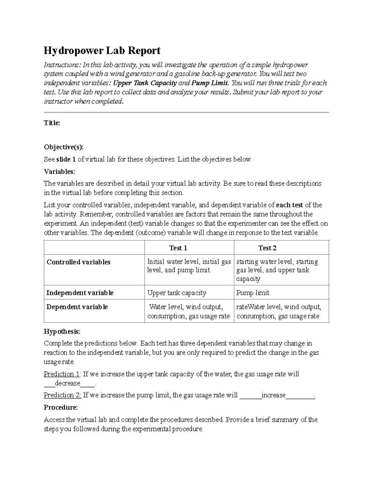 Hydropower Lab Report: Investigating Pump Limit & Tank Capacity Effects ...