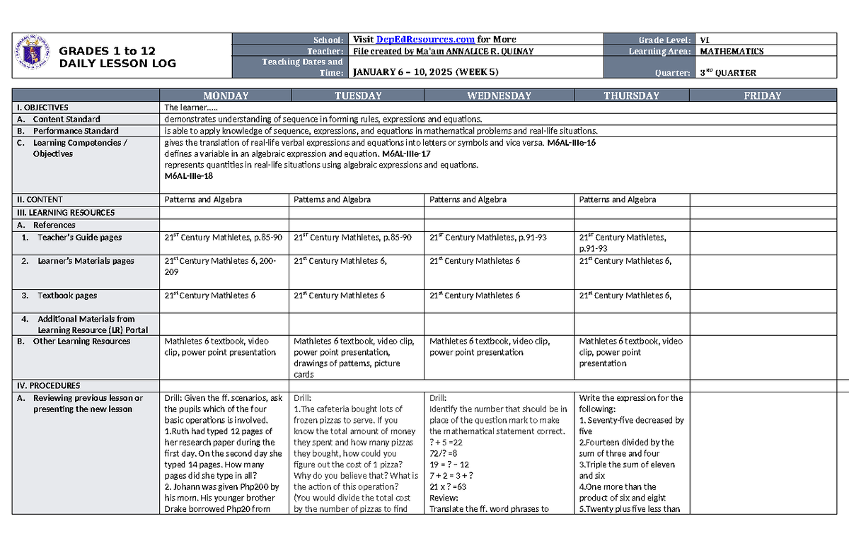 DLL Mathematics 6 Q3 W5 - budlay - GRADES 1 to 12 DAILY LESSON LOG ...