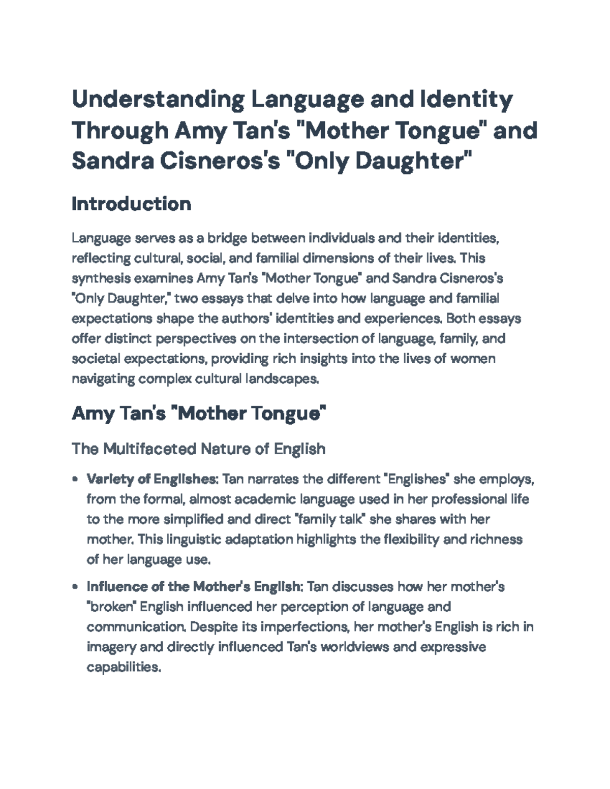 LANG 201: Analyzing Language and Identity in Tan's and Cisneros's ...