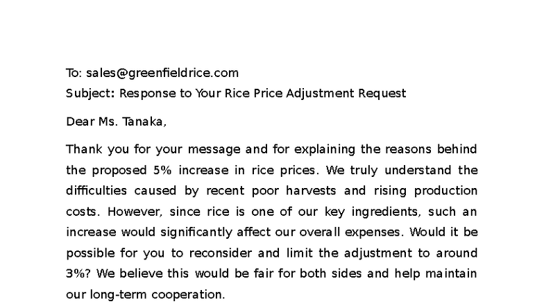 Response to Rice Price Adjustment Request - Writing U 6 - Studocu