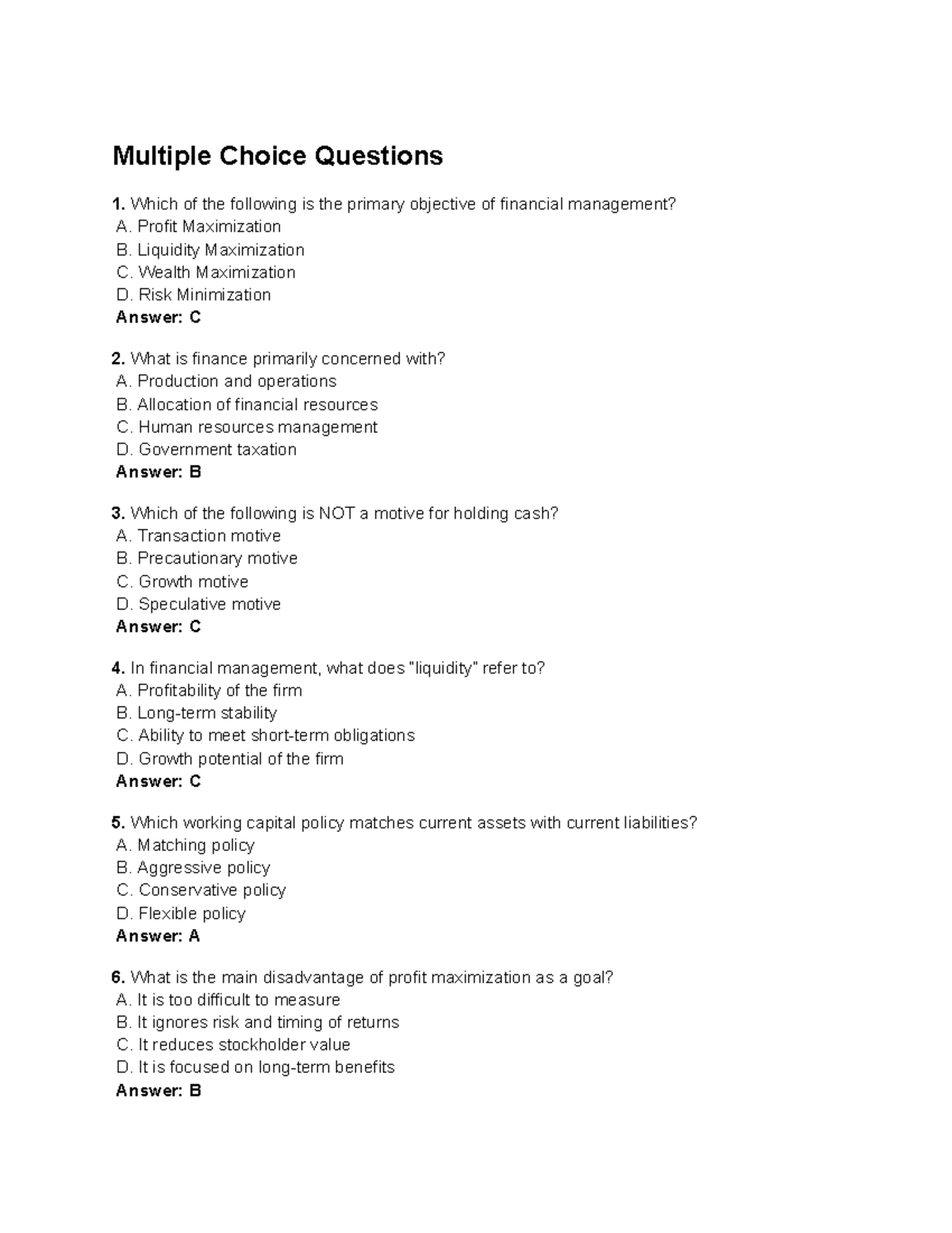 FIN. MAN Practice TEST: Multiple Choice Questions and Answers - Studocu
