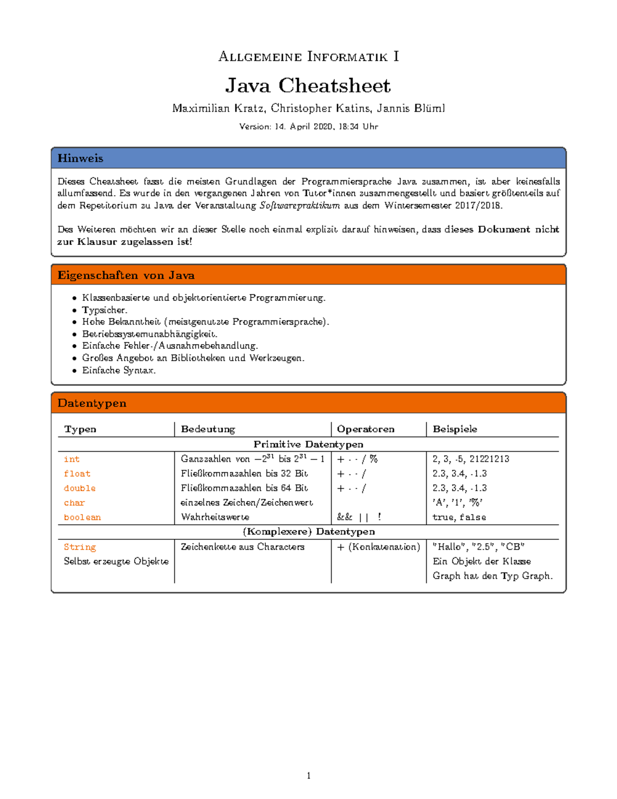 Java Basics Cheatsheet for General Computer Science I (INFO-101) - Studocu