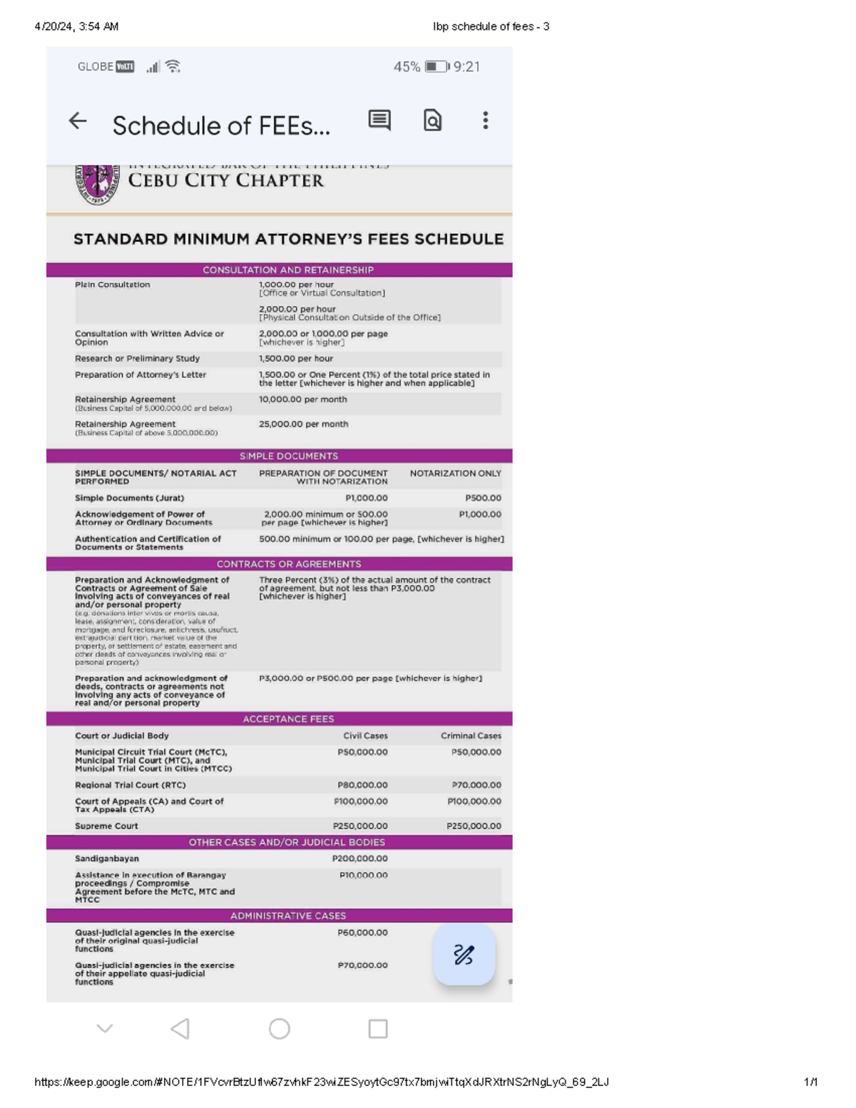 IBP CEBU CITY CHAPTER: Standard Fees Schedule & Rates Overview - Studocu