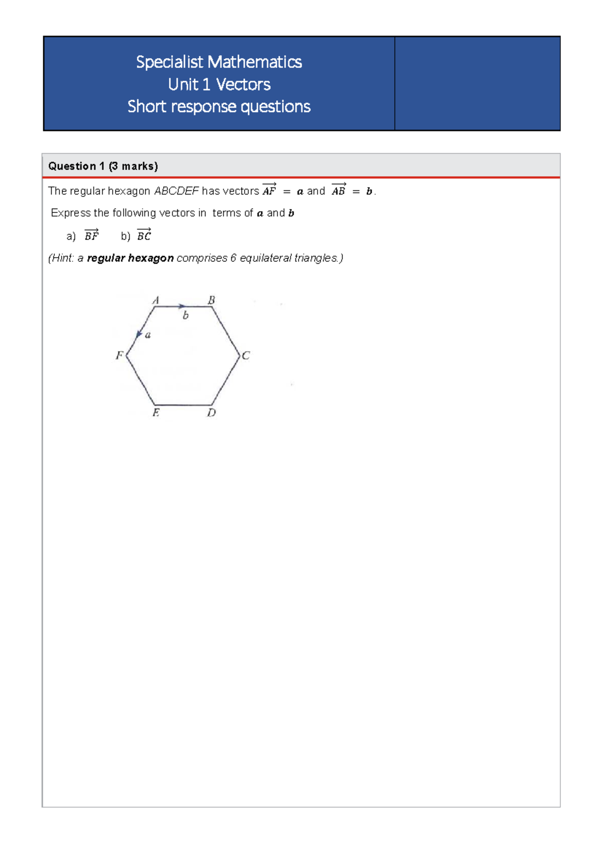Specialist Mathematics Unit 1: Vectors Practice Exam Questions - Studocu