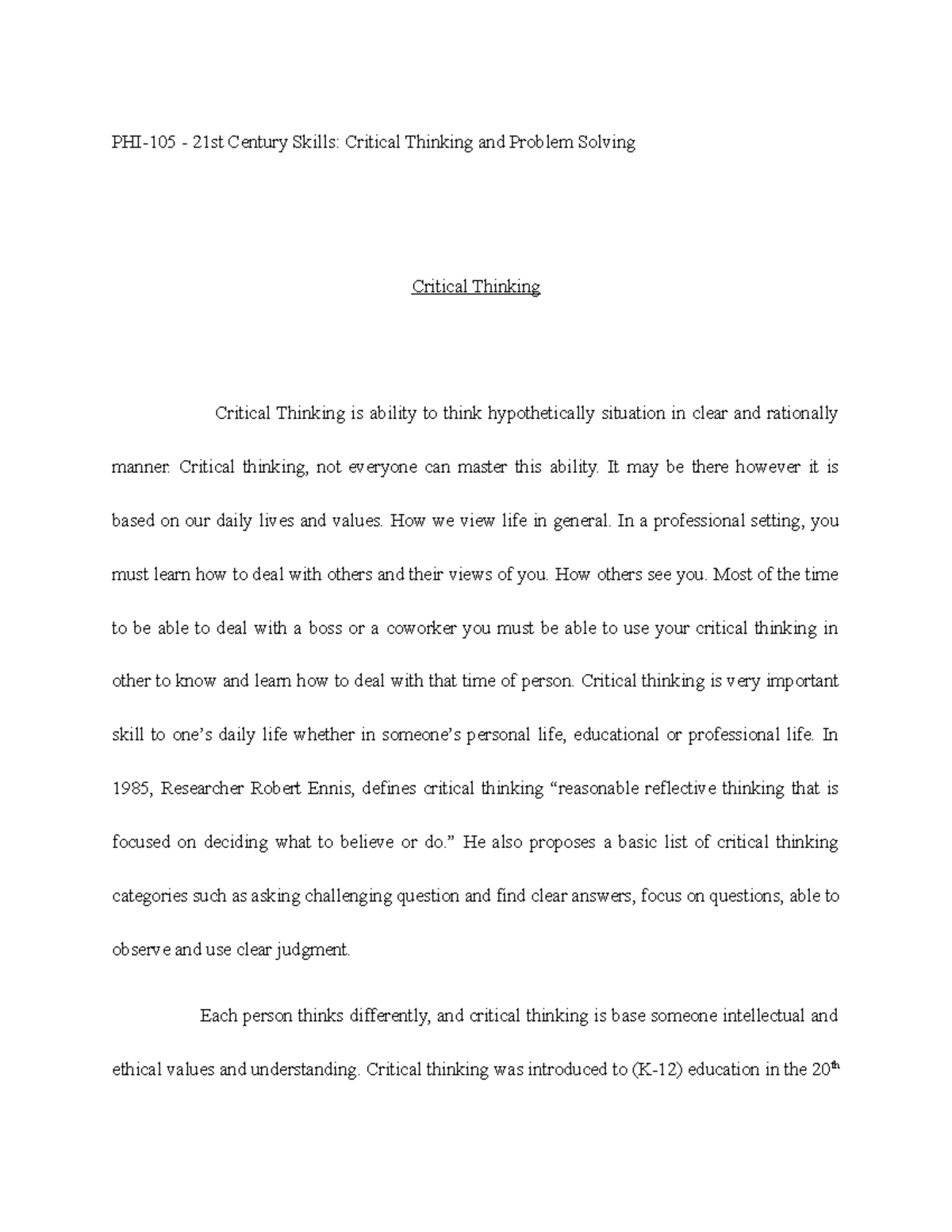 PHI-105: Reflection on Critical Thinking Skills and Their Importance ...