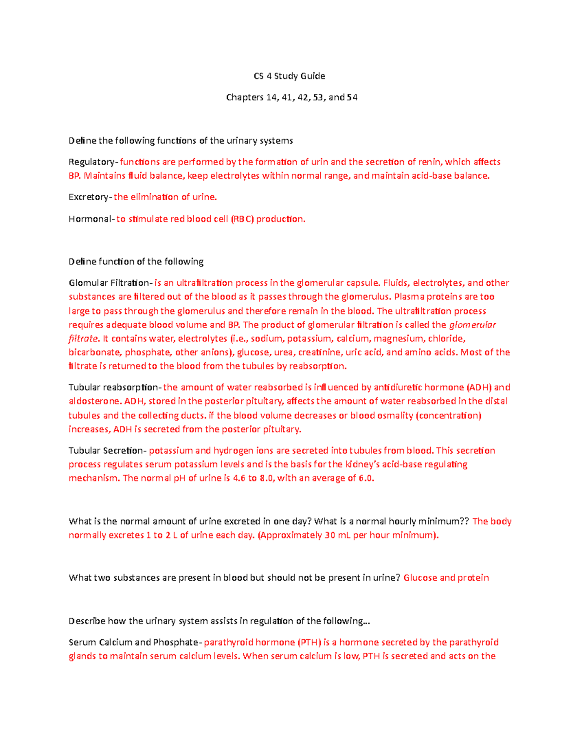 CS 4 Final Exam Study Guide: Urinary System Functions & Disorders - Studocu
