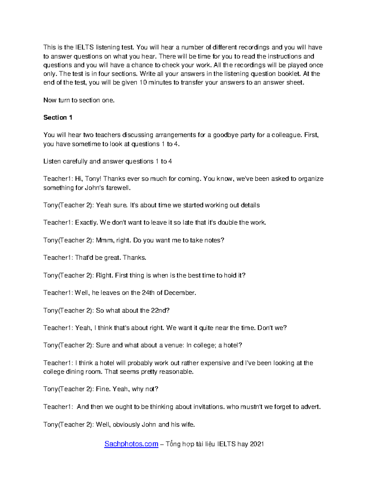 IELTS Listening Test 4: Tapescript and Answer Guide - Studocu