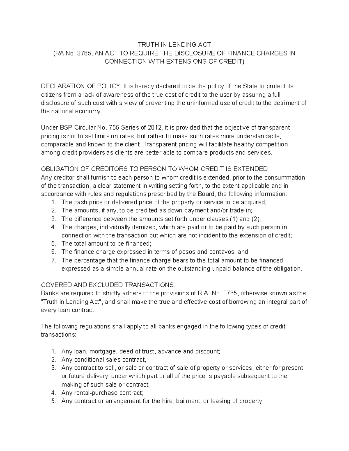 Truth in Lending Act - RFBT Overview and Key Provisions - Studocu
