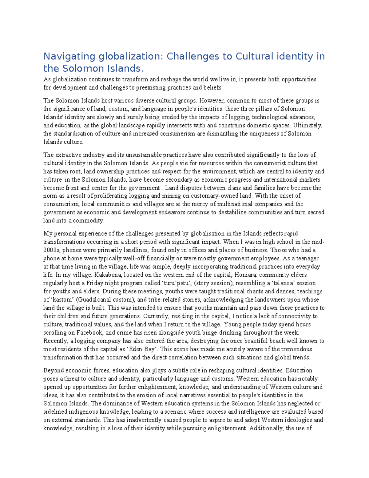 Cultural Identity Challenges in the Solomon Islands: A Globalization ...