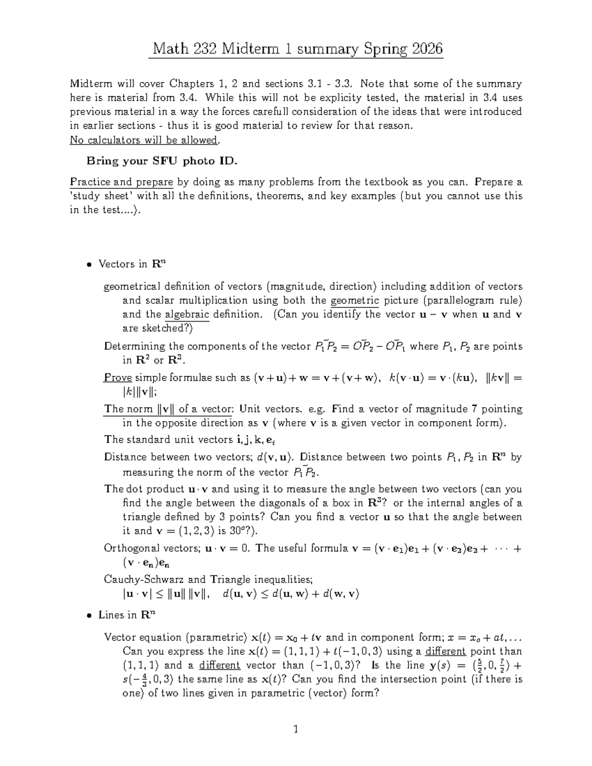 MATH 232 Spring 2026 Midterm 1 Study Guide and Summary - Studocu