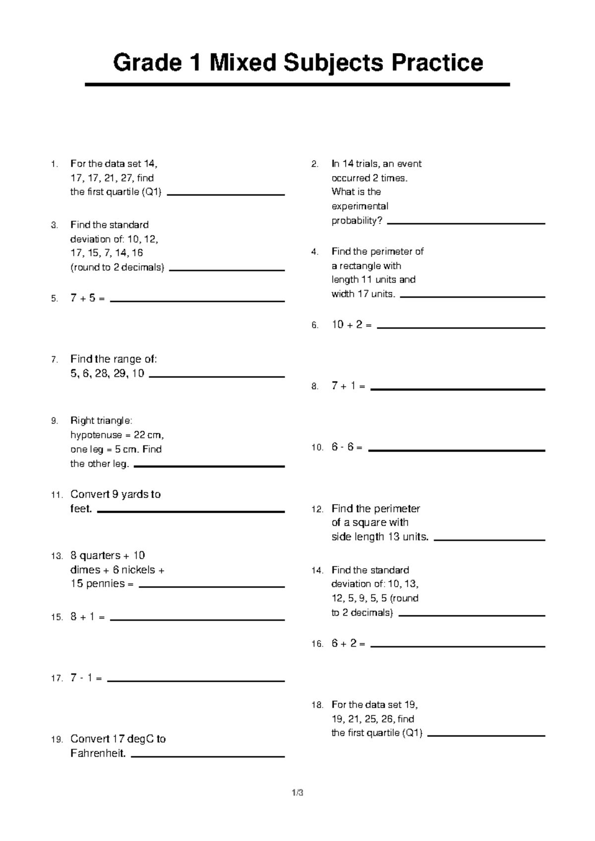 Grade 1 Mixed Subjects Practice 2: Math Problems and Solutions - Studocu