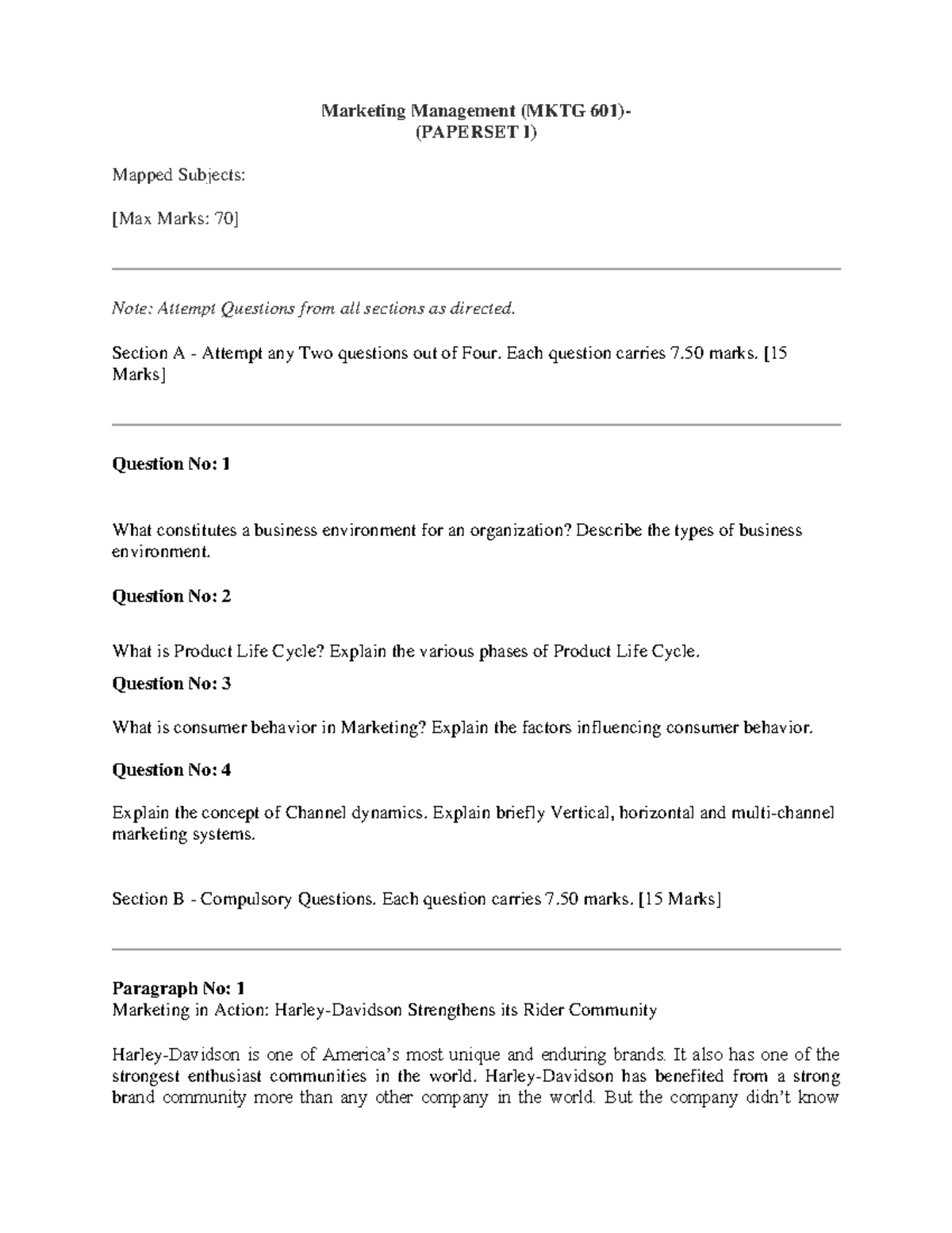 MKTG 601 - Marketing Management Model Question Paper for Exam Prep ...