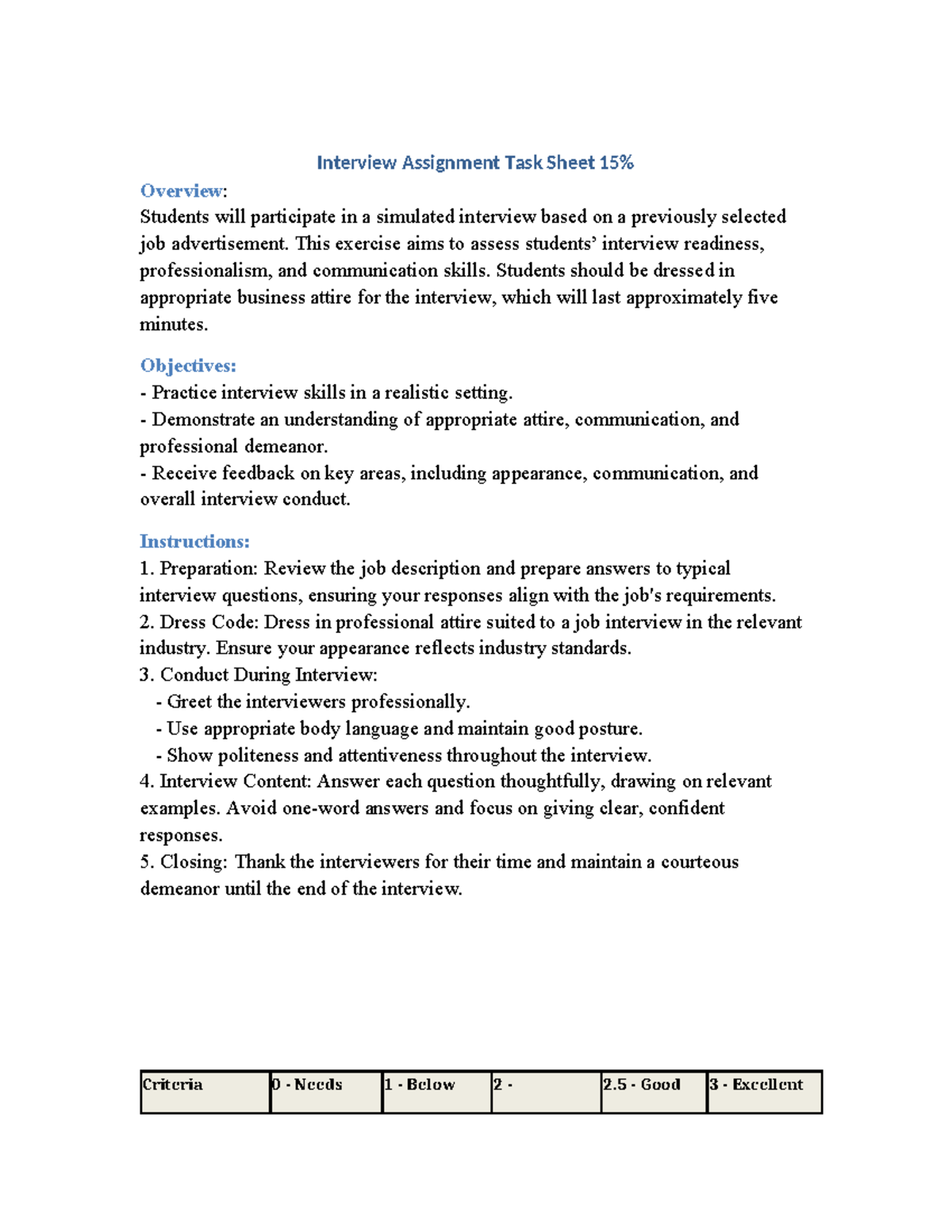 Interview Assignment Task Sheet: Simulated Interview Overview - Studocu