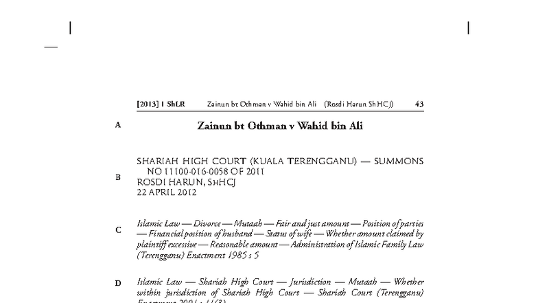1 ShLR Zainun bt Othman v Wahid bin Ali: Mutaah Claim Decision - Studocu