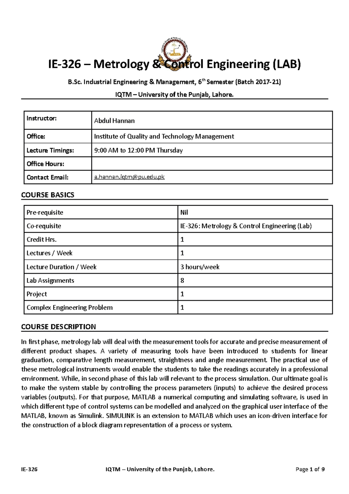 Metrology lesson plan lab - IE-326 – Metrology & Control Engineering ...