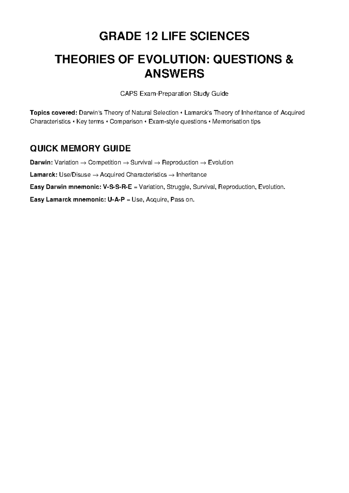 Grade 12 Life Sciences: Evolution Theories Q&A Study Guide - Studocu