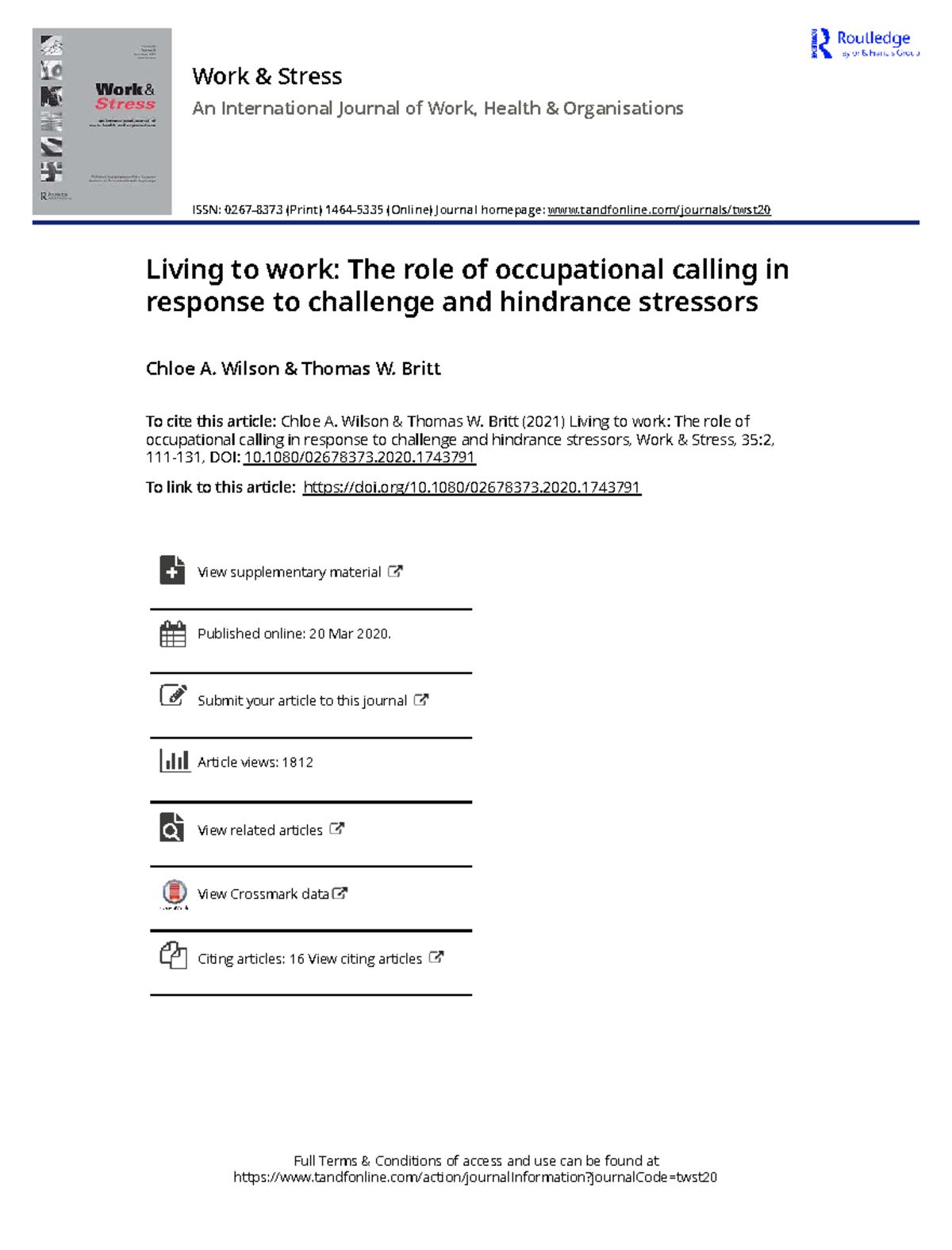 Living to Work: Occupational Calling, Stressors, and Mental Health ...