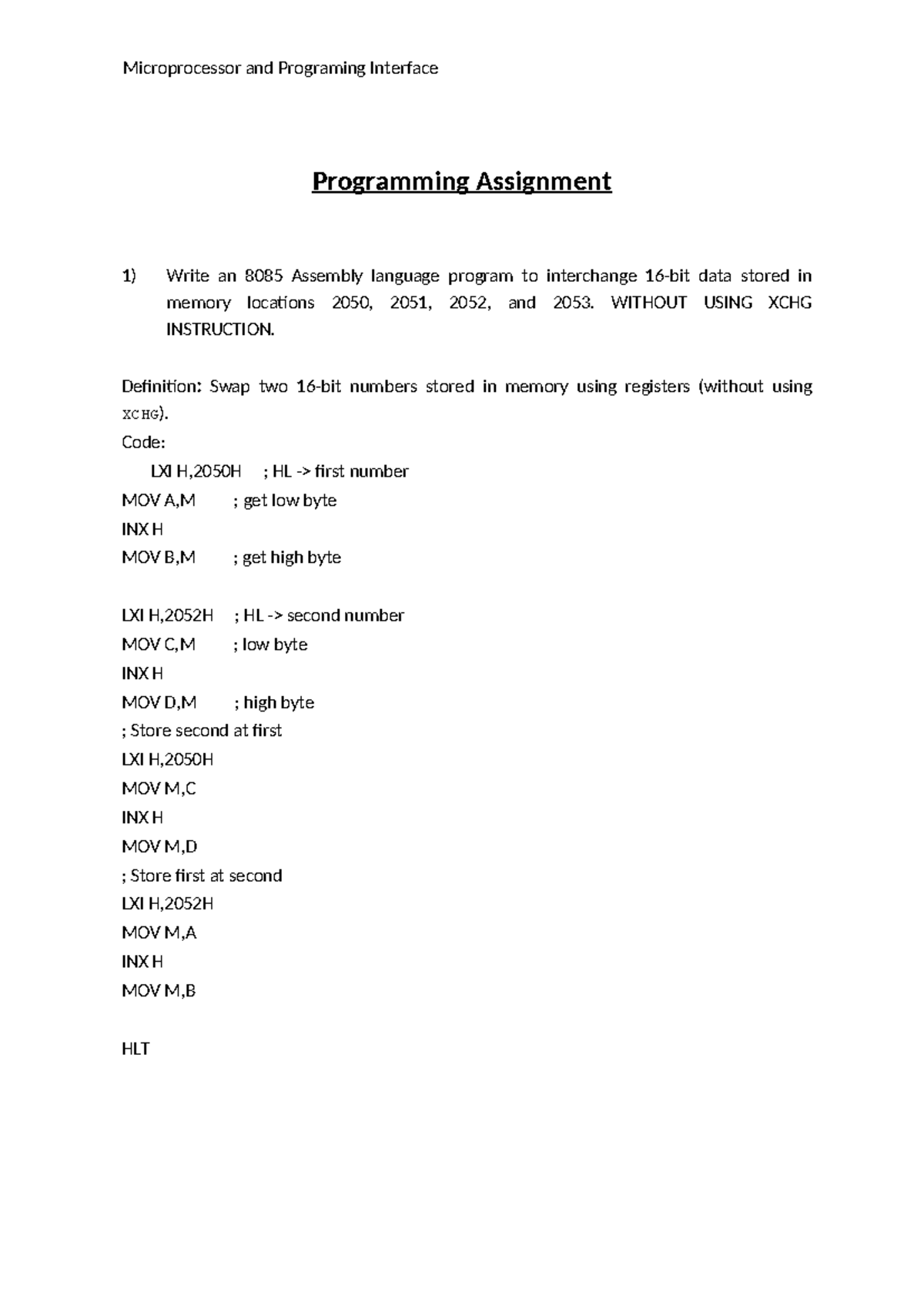 Programming Assignment-MPI: 8085 Assembly Language Tasks - Studocu