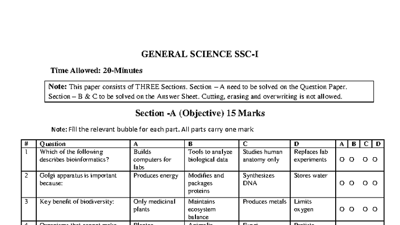 General Science SSC 9 - Exam Paper with Sections A, B, and C - Studocu