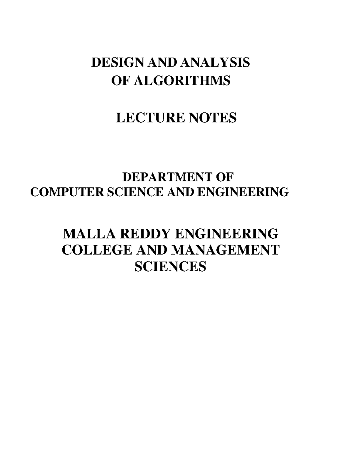 DAA CSE III-II Sem Lecture Notes on Algorithm Design & Analysis - Studocu