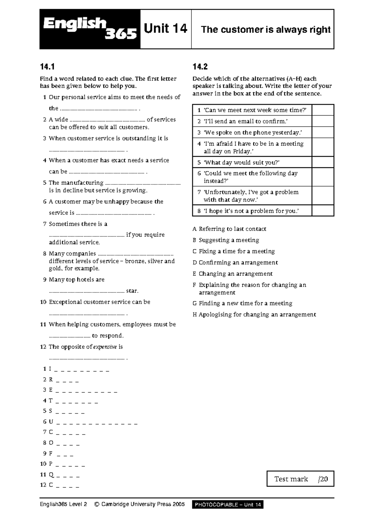 365-2 Unit 14 Worksheet: Customer Service Vocabulary Exercise - Studocu