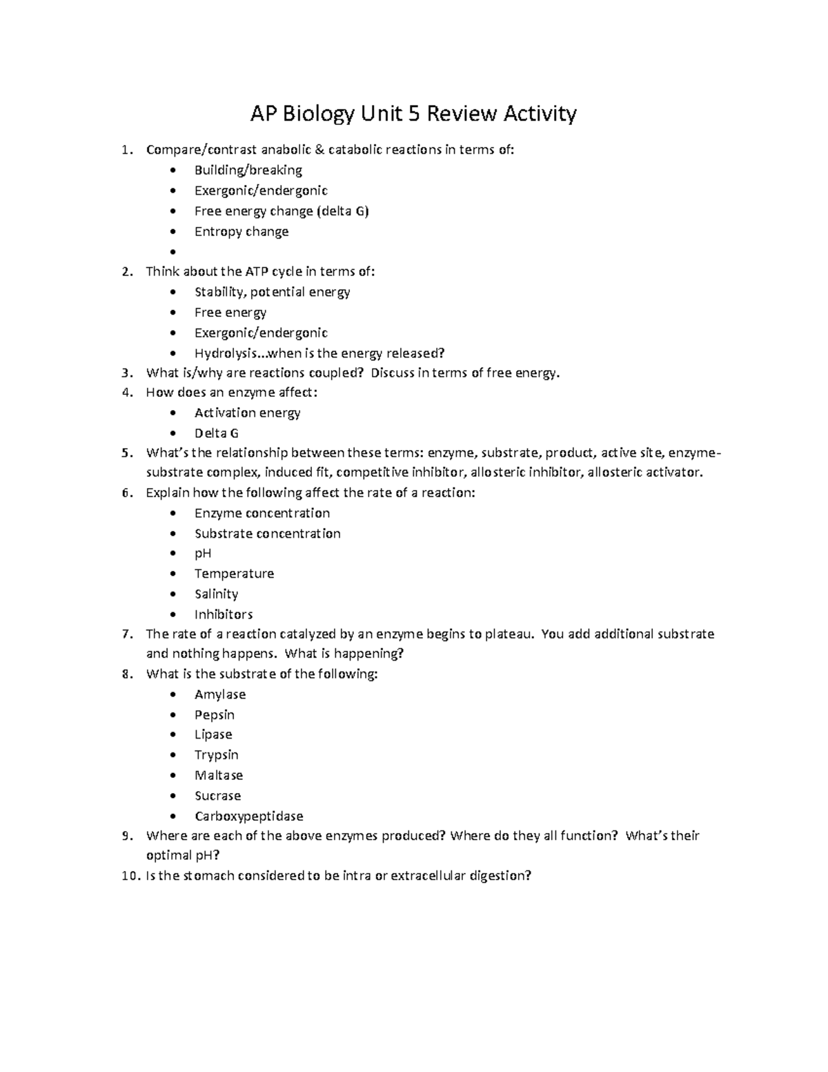 AP Biology Unit 5 Final Exam Review Guide: Metabolism & Enzymes - Studocu