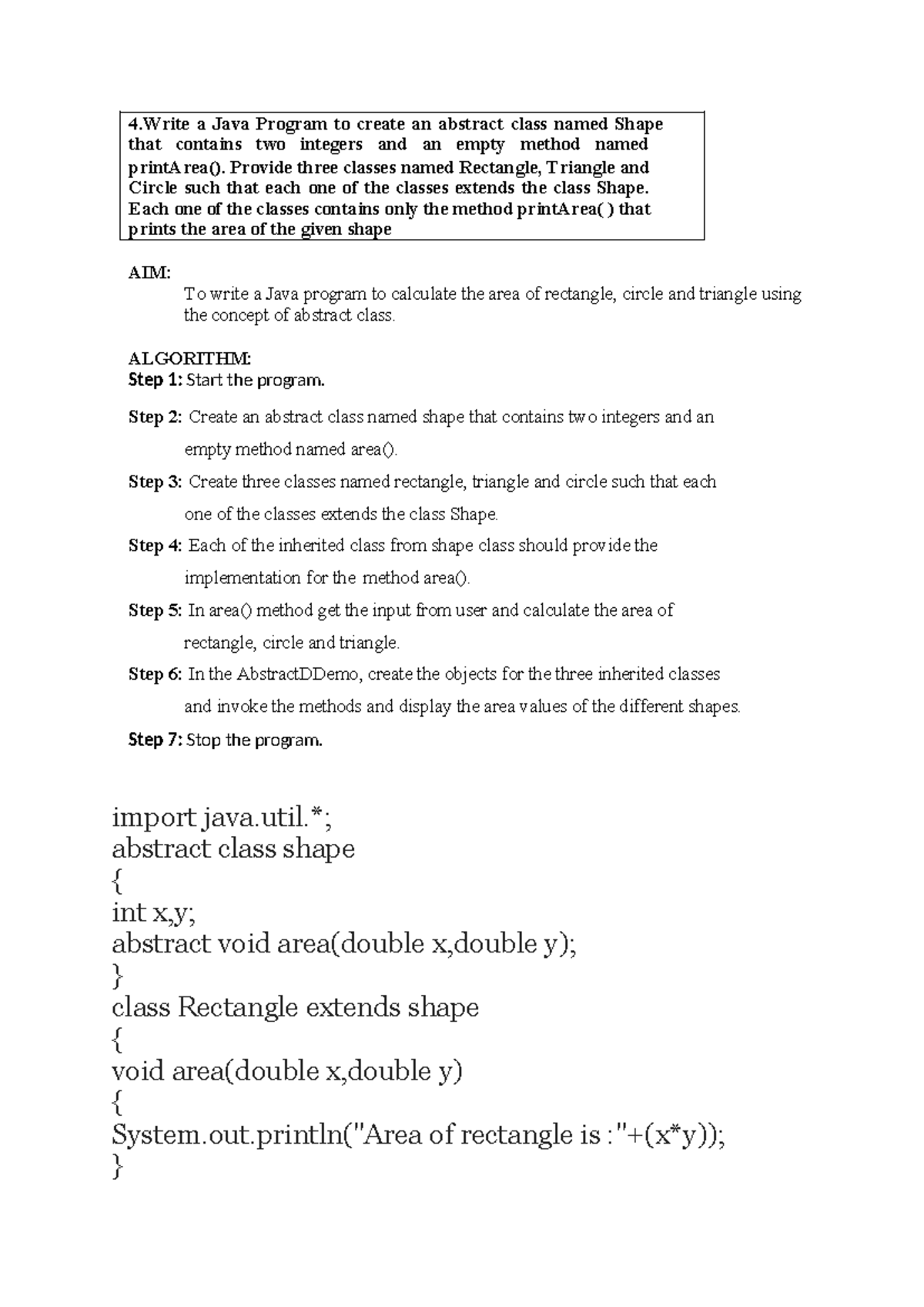 Oops edited - 4 a Java Program to create an abstract class named Shape ...
