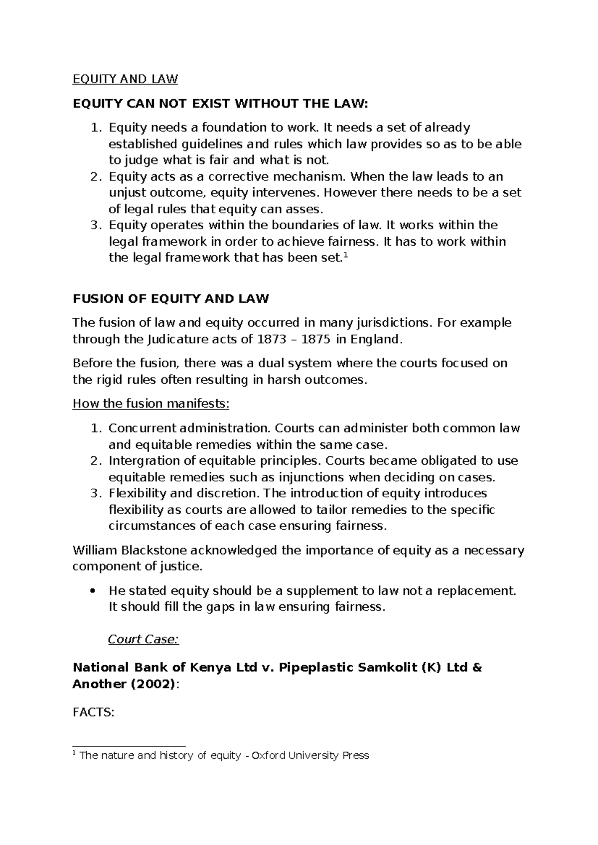 Equity AND LAW - Notes - EQUITY AND LAW EQUITY CAN NOT EXIST WITHOUT ...