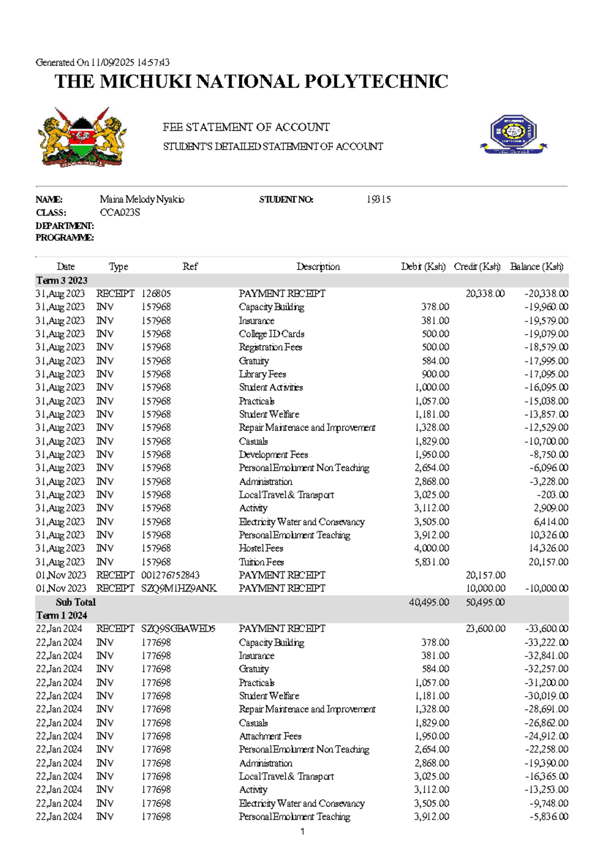 CCA023S Fee Statement of Account - Maina Melody Nyakio - Studocu