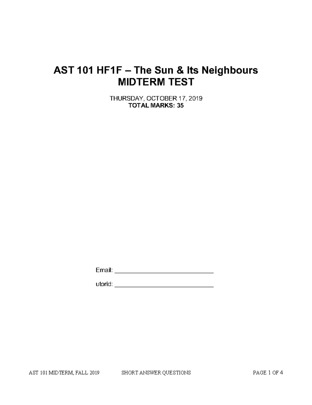 AST101 Fall 2019 Midterm Short Answer Solutions - Studocu