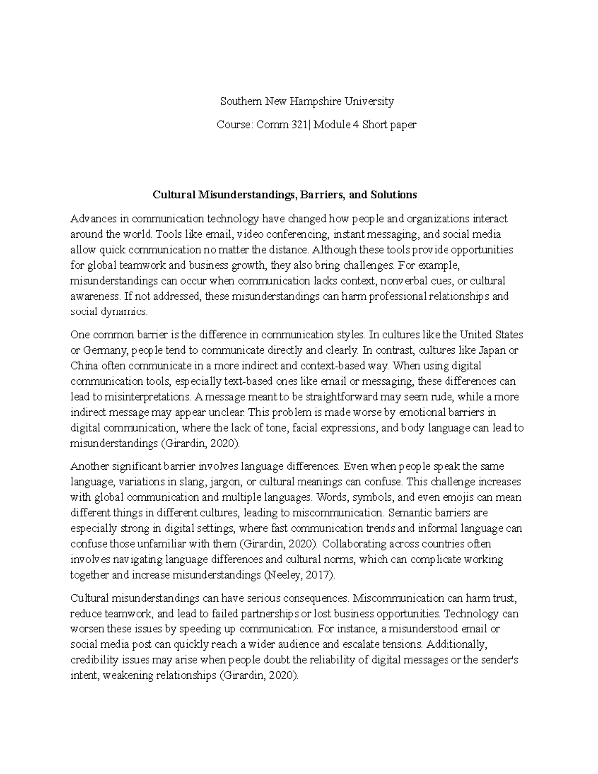 Com 321 Module 4 Short Paper: Cultural Misunderstandings & Solutions ...