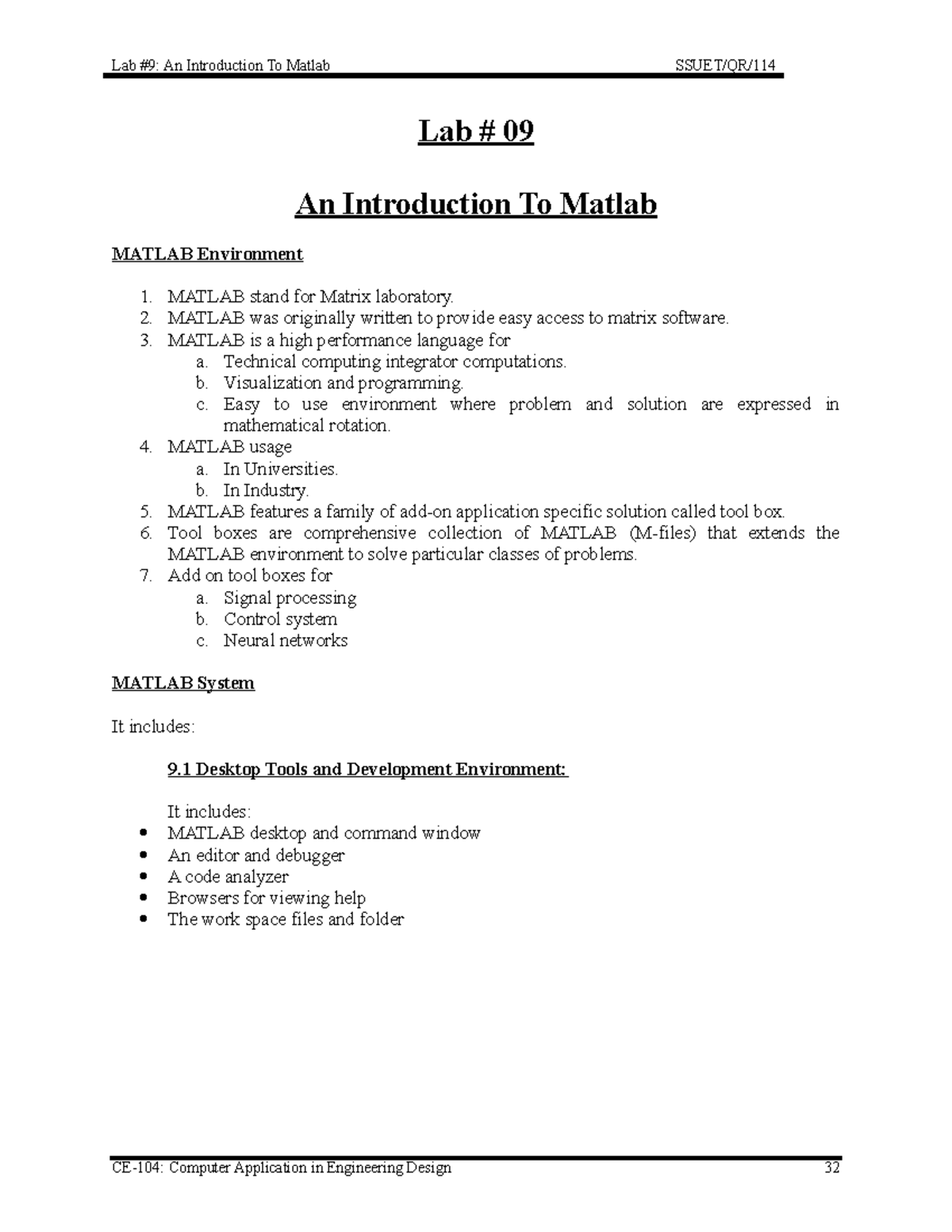 Lab 09 - Introduction to MATLAB and Basic Exercises - Studocu