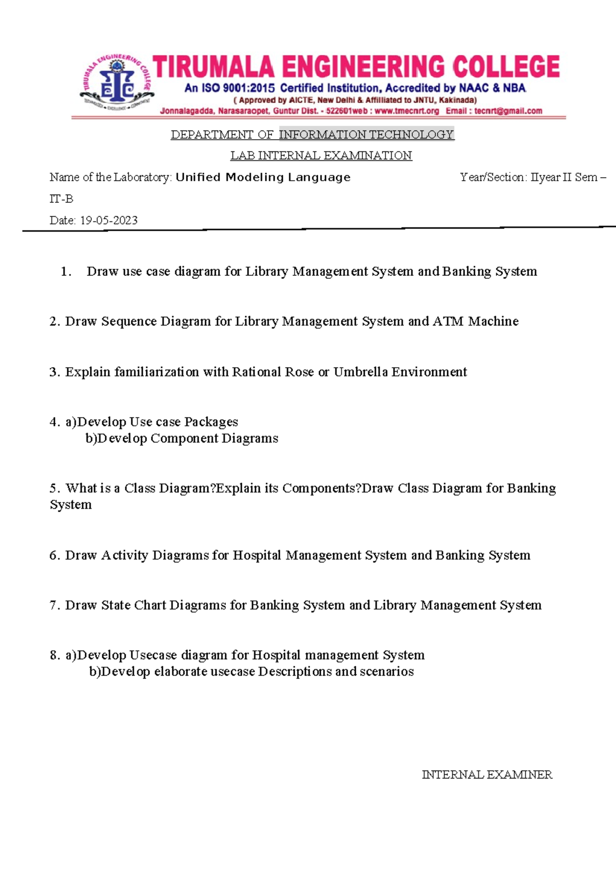 UML Lab Internal Exam - IT 2nd Year 2nd Sem - Studocu