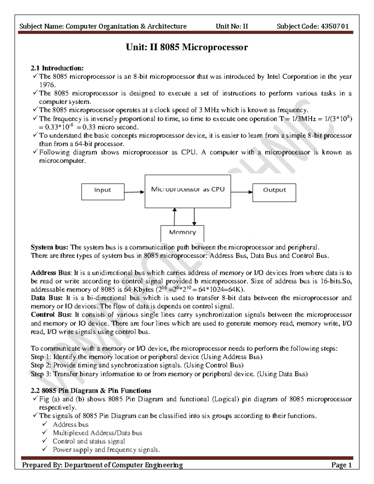 Unit II Lecture Notes on 8085 Microprocessor - CS 4350701 - Studocu