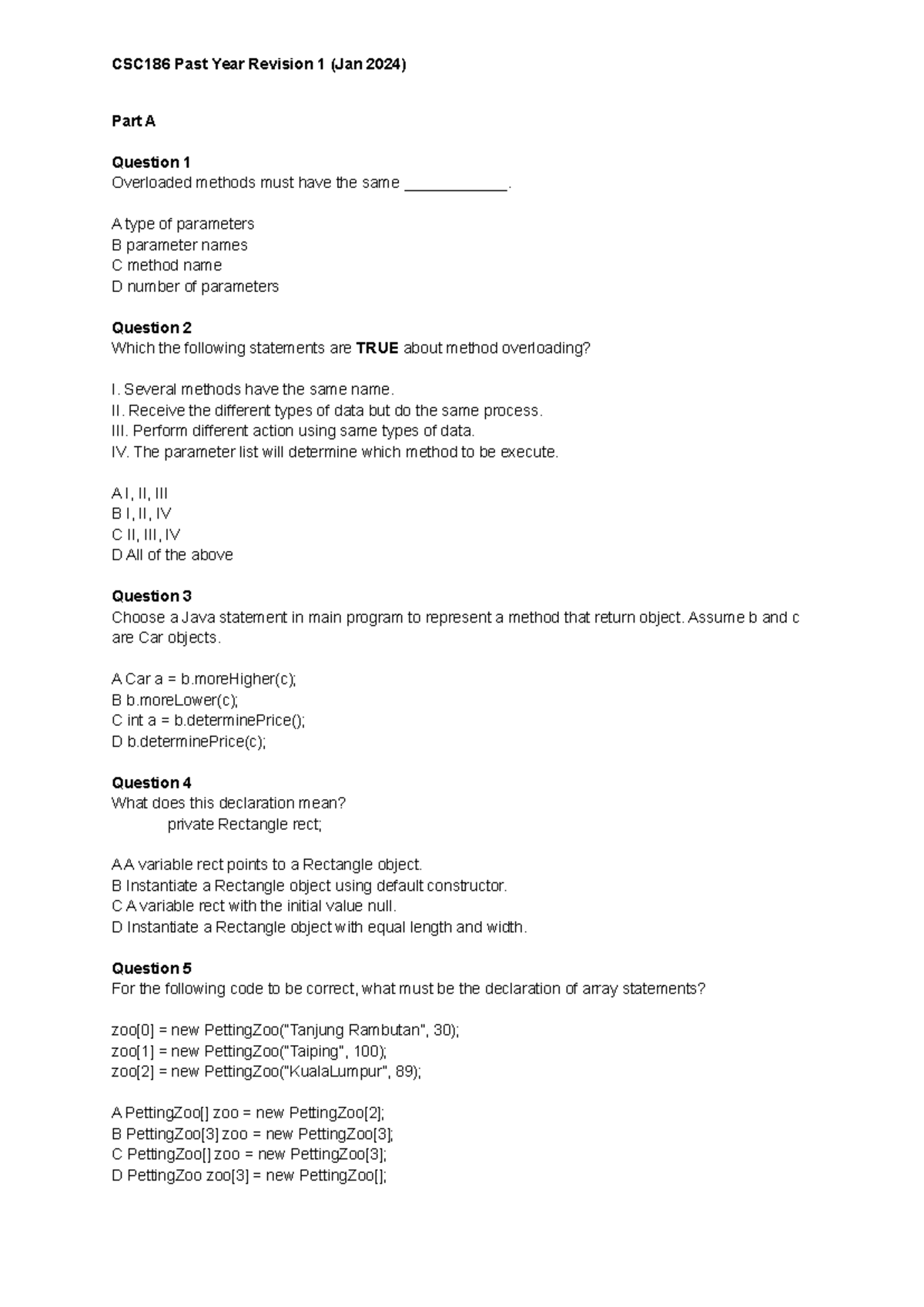 CSC186 Past Year Revision 1 - Method Overloading & Java Concepts - Studocu