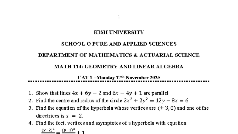 MATH 114: Geometry & Linear Algebra CAT 1 - Sep Dec 2025 - Studocu