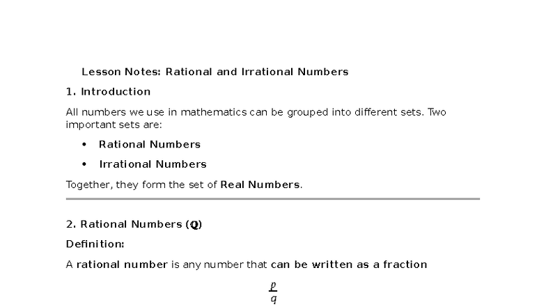 Lesson Notes: Rational and Irrational Numbers (MATH101) - Studocu