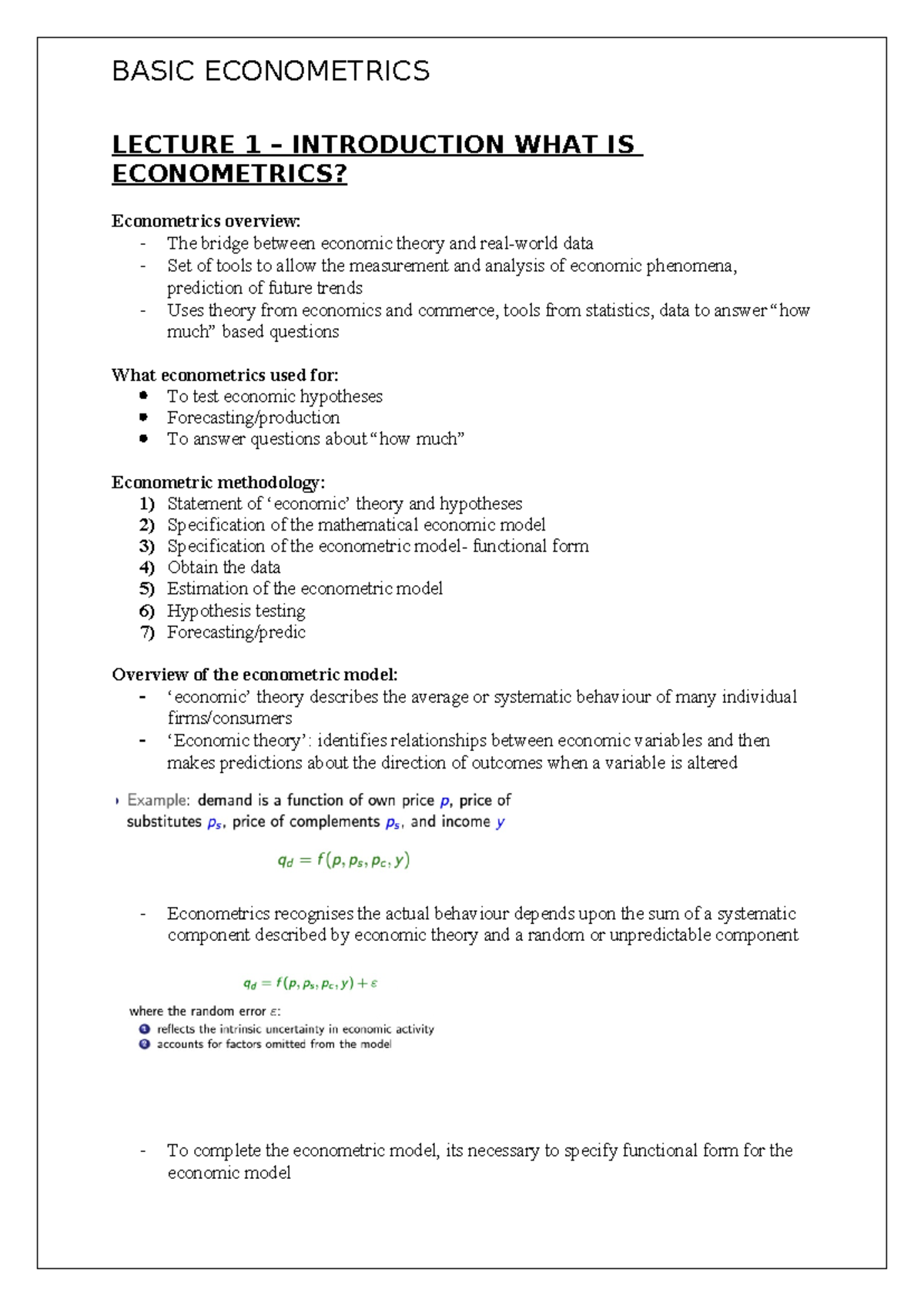 Basic Econometrics: Lecture Notes on Key Concepts and Models - Studocu