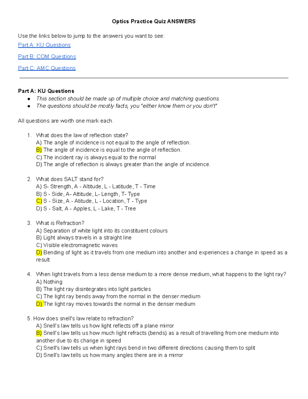 Physics quiz - helllo - Optics Practice Quiz ANSWERS Use the links ...