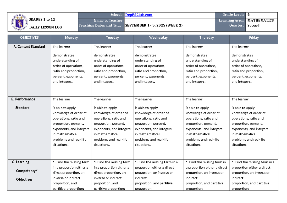 DLL Mathematics 6 Q2 W2 - Daily Lesson Log for Lesson Planning - Studocu