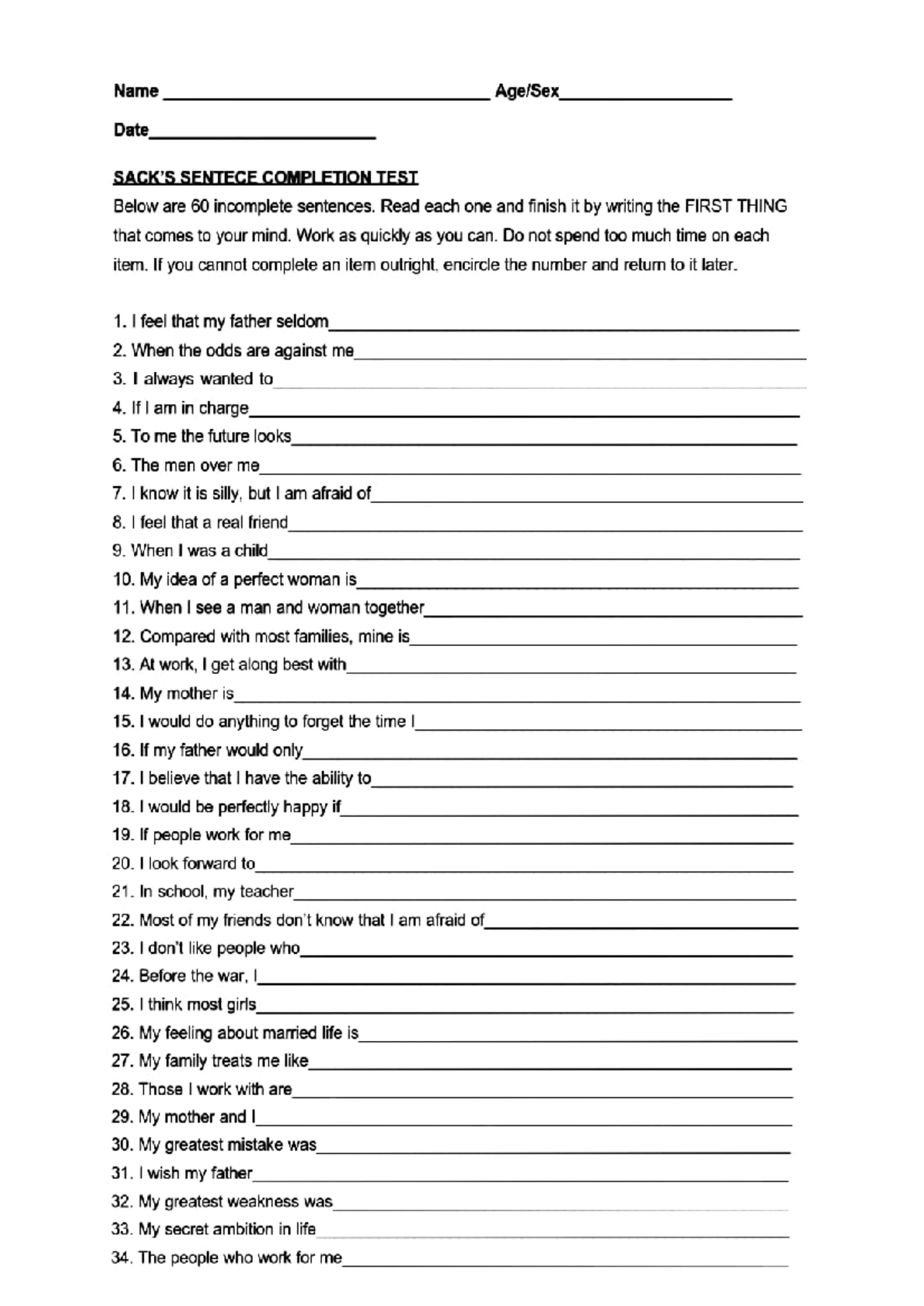 SSCT 2023 - The Sacks Sentence Completion Test Instructions - Studocu