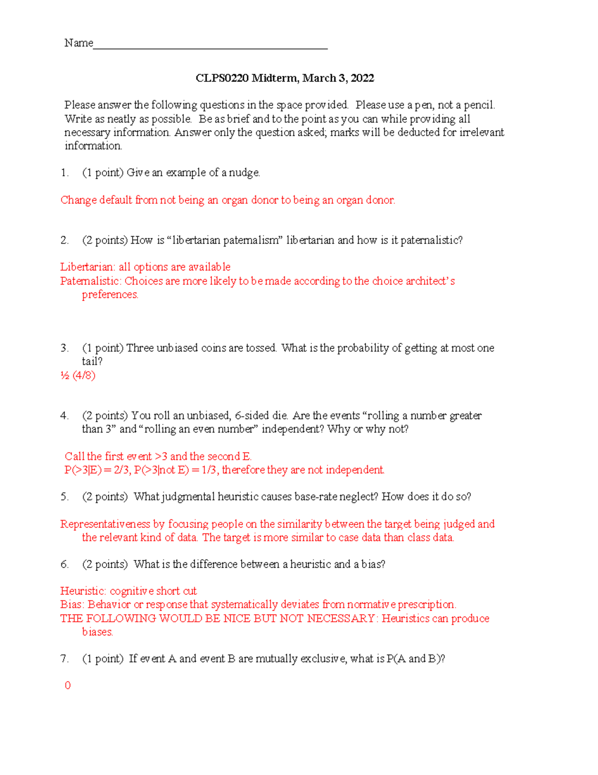 CLPS0220 Midterm 2022 Answer Key and Summary of Responses - Studocu
